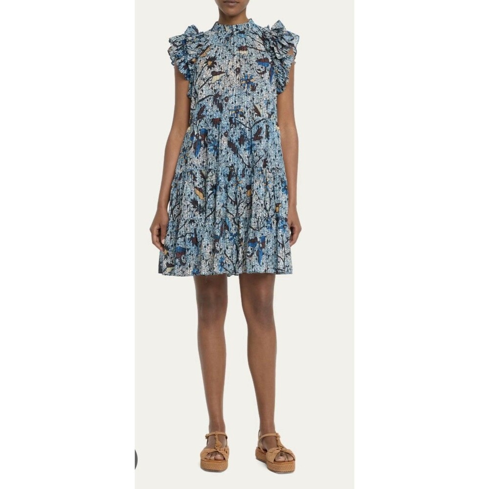 Ulla Johnson Denia Ruffle Sleeve Tiered Blue Mini Dress Morning Glory Size 6 NEW